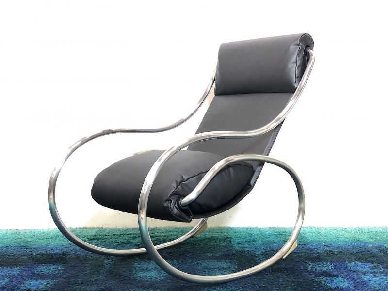 Chrome & Black Leather Sculptural Rocking Chair by Heals, 1970s Made in London