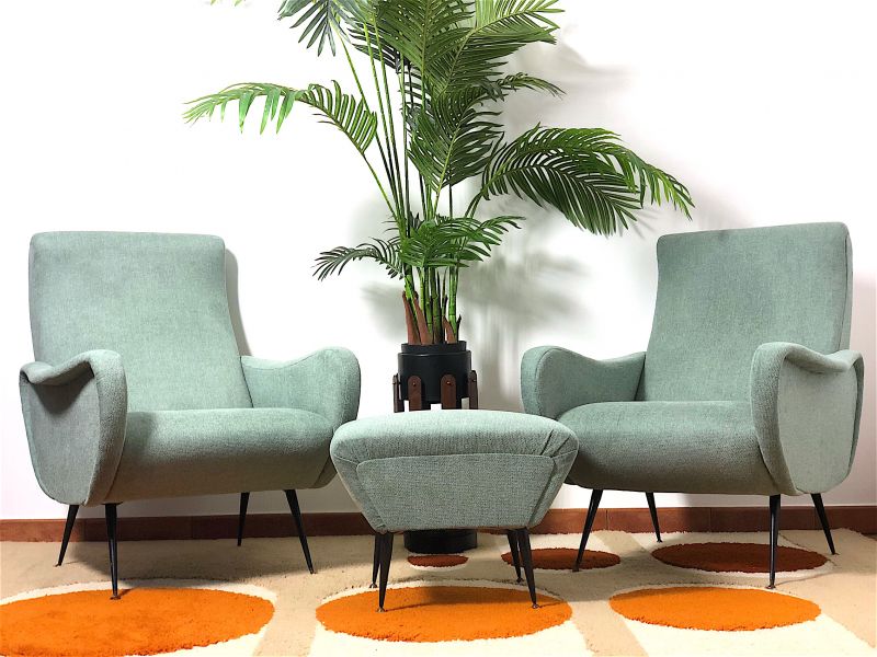 Coppia di Poltrone LADY & Pouf Sky Blue  Anni 50 Design Attribuito Marco Zanuso Made in Italy
