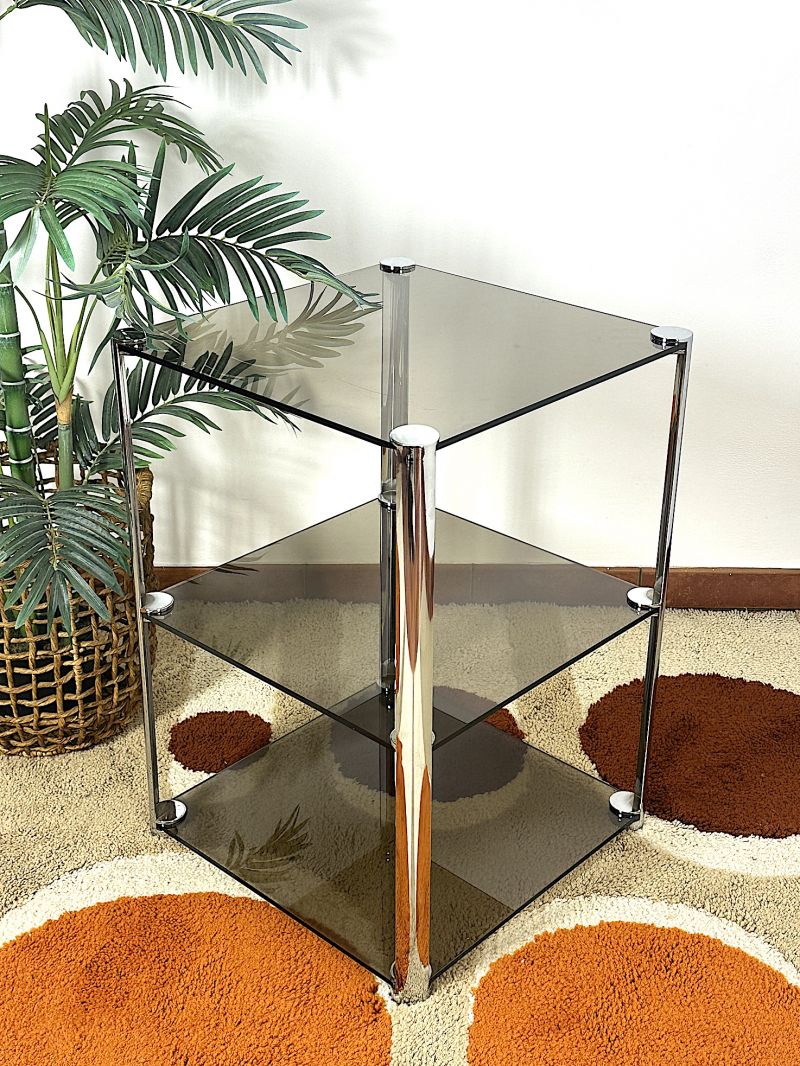 Tavolino in Acciao cromato con vetri Fumè anni 60 Design Ari Colombo Made in Italy 